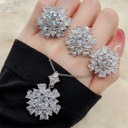 Necklace Earrings Set Luxury Snowflake Ring For Women Bride Zirconia Jewellery Piercing Elegant Fashion Vintage Wedding Engagement