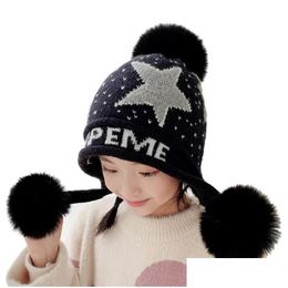 Beanie/Skull Caps Fashion Accessories Winter Kids Hat Mask Set Knitted Warm Fleece Outdoor Pompom For Girl Boy Child Face Drop Deliver Dhbnu