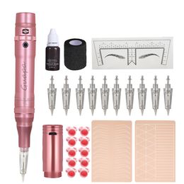 Tattoo Machine Pink Permanent Makeup Wireless Kit With 10PCS Cartridge Needles Microblading Supply for Powder brows Lip Eyeliner 2308017