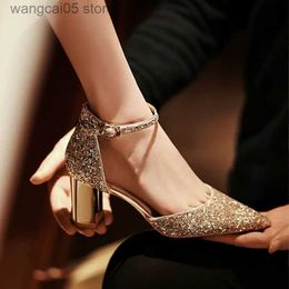 Dress Shoes Luxury Gold Silver Sequins High Heels Pumps Women 2023 Pointed Toe Ankle Straps Wedding Shoes Woman Thick Heeled Party Shoes T230818