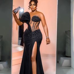 2023 Prom Dresses South Africa Nigeria Black Girls Mermaid With Detahable Train Sequins Crystal Beaded Long Sleeve Formal Occasion Evening Gowns Sexy Thigh Slit