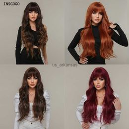 Synthetic Wigs INSGOGO Long Wavy Synthetic Wigs For Black Women Natural Look Red Color Straight Heat Resistant Everyday Hair Wigs 2023 HKD230818