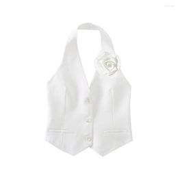 Women's Vests 2023 Women Korean Fashion Single Breasted Flower Design White Halter Vest Jacket Office Ladies Sleeveless Crop WaistCoat Tops