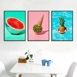 Nordic Dessert Pink Canvas Painting Wall Art Ice Cream Cake Watermelon Pineapple Fruit Originality Foods Posters And Print Picture Dining Room Kitchen Decor Wo6