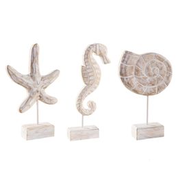 Decorative Objects Figurines 3pcs Wooden Nautical Star Conch Seahorse Beach Statue Tabletop Ornament Home Decor 230817