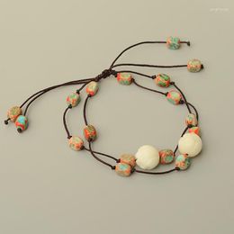 Link Bracelets National Style Anklets Emperor Stone Bodhi Root Lotus Handmade Weave Vintage Ornament Student Ankle Chain