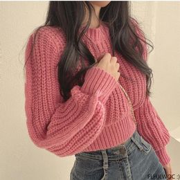 Women's Sweaters 4 Colors 2023 Winter Autumn Knitted Sweater Pullovers Design Cute Sweet Japan Girls Solid O Neck Short Crop Knit Tops