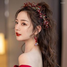 Hair Clips Vintage Elegant Wine Red Handmade Bridal Headdress Crystal Beaded Band Accessories For Women Tiara
