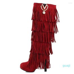 Boots Plus Size Flock Winter Fur Women High Heels Knee Fringe Tassels Fashion Black Brown