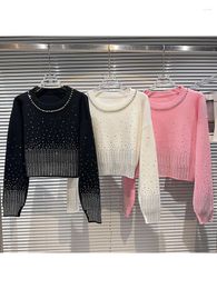 Women's Sweaters HIGH STREET Est 2023 Designer Fashion Women Water Diamond Beaded Neckline Gradient Round Neck Knitted Pullover Sweater