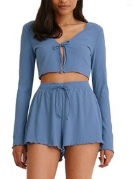 Women's Sleepwear Women S 2 Piece Pyjama Outfits Rib-Knit Long Sleeve Tie Front Crop Tops Drawstring Shorts Lounge Sets