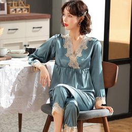 Women's Sleepwear Two Pieces Sets For Women Lace V-Neck Pyjamas Summer Satin Long Sleeve Pyjamas Pour Femme Thin Intimate Lingerie