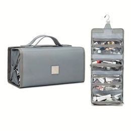 Roll Up Hanging Handheld Square Makeup Bag, Waterproof Dacrom Toiletry Bag With 4 Removable TSA-Approved Clear PVC Cosmetic Pouches, Lightweight Portable Travel