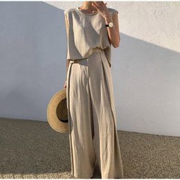 Women's Pants Casual Women Cotton Linen Suits Summer Solid O-Neck Tank Top Wide Leg 2 Piece Sets Fashion Loose Sleeveless Female Outfits