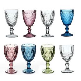 10oz Wine Glasses Colored Glass Goblet with Stem 300ml Vintage Pattern Embossed Romantic Drinkware for Party Wedding Mugs FY5509181T