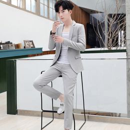 Men's Suits 2023 Summer And Autumn Fashion Casual High Quality Solid Long Sleeves With Nine Minutes Pants Slim Two-piece Suit
