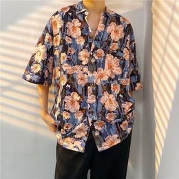Men's Casual Shirts E-BAIHUI Floral For Men Short Sleeve Print LooseTurn-down Collar Shirt Korean Version Short-sleeved Male Tops