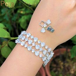 Link Bracelets Pera Brilliant White 3 Rows Heart Design Cubic Zirconia Big Wide Tennis Bangles Engagement Hand Jewellery For Women B246