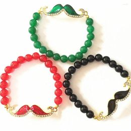 Link Bracelets Black Red Green Round Natural Stone Chalcedony Jades Bracelet Gold-color Beard Accessories Fashion Gift Jewelry 7.5inch B1414