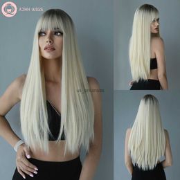 Synthetic Wigs 7JHH WIGS Platinum Blond Hair Wig for Woman Daily Party Long Straight Wavy Wig with Bangs Heat Resistant Fibre Synthetic Wigs HKD230818