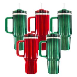 USA warehouse H2.0 flowstate 40oz Christmas gift red and Green double wall stainless steel sublimation glossy Metallic look tumbler with handle and straw