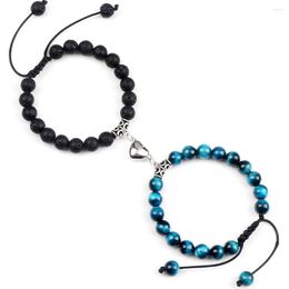 Strand Fashion Couple Bracelets 2pcs/set 8mm Natural Tiger Eye Black Lava Stone Beads Heart Magnet Bracelet Bangle Friend Jewellery Gift