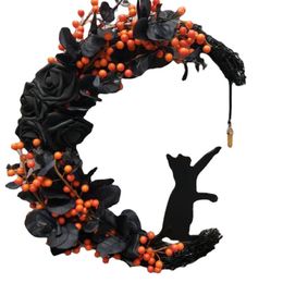 Other Event Party Supplies Halloween Moon Cat Garland with Rose Black Decorations Halloween Garland Halloween Wreath for Front Door Halloween Door Decor 230817