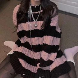 Women's Sweaters Pink Striped Gothic Women Ripped Holes Loose Knitted Pullover Frayed Fairy Grunge Jumpers Emo Streetwear Lolita