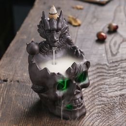 Decorative Objects Figurines LED Purple Clay Backflow Incense Stove Halloween Skull Head Dragon Home Decoration Ornaments Desk Zen Garden Statue 230817