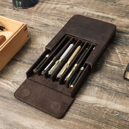 Pencil Bags Magnetic Drawer Type Student Pen Storage Box Handmade Case Leather For Men Women Holder Pouch Retro School 230818