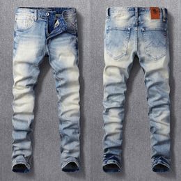 Mens Jeans Fashion Designer Men Retro Light Blue Slim Fit Ripped Trousers Italian Style Vintage Casual Denim Pants Hombre 230817