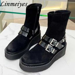 Boots Suede leather Thick Soled Chelsea Boot Women Round Toe Belt Buckle Zipper Short Boots Female Autumn Comfort Ankle Boots Woman J230818