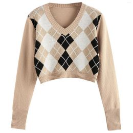 Women's Sweaters Women V Neck Argyle Crop Sweater Long Sleeve Pullover Tops Elegant Knit Top Vintage Geometric Knitwear Fashion Autumn