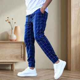 Men's Pants Elastic Waist Pencil Plaid Print Casual With Slant Pockets Comfortable For Everyday