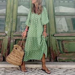Basic Casual Dresses Women Dress Summer Puff Sleeve Boho V Neck Printing Long Dress Loose Holiday Beach Female Casual Floral Dresses Party Vestidos 230818