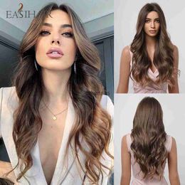Synthetic Wigs EASIHAIR Long Brown Ombre Synthetic Wigs for Women Middle Part Wavy Cosplay Wigs Natural Hair Wig Heat Resistant Fibre Wig HKD230818