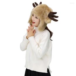 Berets Winter Elk Bull Warm Plush Fluffy Faux Fur Animal Hats Ears Costume Party Hat
