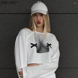 Women's Hoodies 2023 In Cropped Sweatshirts O-Neck Long Sleeve Printed Oversize Sweater Fashion Casual White Bllack Y2K Streetwear