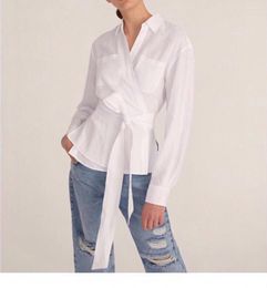 Women's Blouses Linen Blouse Turn-down Collar Lace-up Wrapped Waist Long Sleeve Shirt