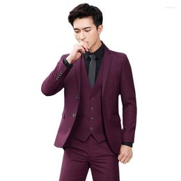 Men's Suits Pure Color Formal Business Social Office Work Suit 3piece Black Gray Wine Red Wedding Blazers Pants Vests