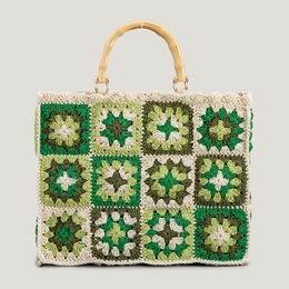 School Bags Bohemian Large Crochet Tote Bag Vintage Bamboo Handle Women Handbgs Granny Square Knitted Hand Trend Big Lady Shopper Purse 230817