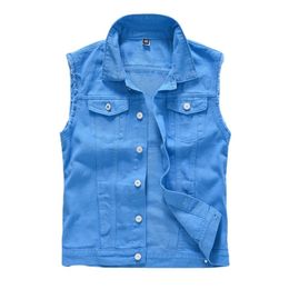 Men's Vests Men Slim Denim Waistcoats Blue Vests Jackets Fashion Male Fit Denim Coats Vests Street Wear Holes Jeans Vests Size S-5XL 230817