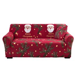 YUEXUAN Merry Christmas Printed Sofa Cover, Santa Claus Cedar Branches Elastic Couch Cover Christmas Theme Red Green Sofa Cover for Living Room, for 1 2 3 4 Seat, gift