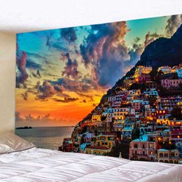 Tapestries Beautiful Sunset Landscape Wall Tapestry Sea Great Wave Beach Village Tapestry Forest Castle Printed Cloth Home Decoration