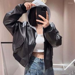 Women's Leather 2023 Arrival Genuine Jacket Hooded Women Coat Spring And Autumn Short Length Long Sleeve With Pocket