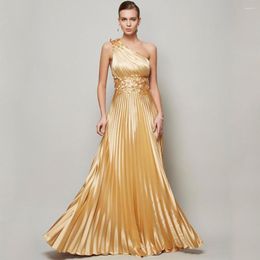 Party Dresses Golden One Shoulder Evening Dress With Applique Sleeveless A-Line Pleat Women Event Floor Length Sexy Open Back Gowns
