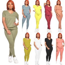 Womens Pleated Sportwear Two Piece Suit V-neck T Shirt Long Pants Outfits Fashion Short Sleeve Tights Trouser Plus Size Ladies Casual Wear