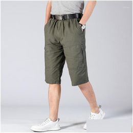 Men'S Shorts Mens Long Men Cargo Secure Pocket Zipper Bermuda Male Knee Length Elastic Waist Loose Cotton Summer Breeches 3/4 Pant D Dhbho