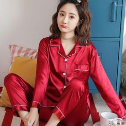 Women's Sleepwear Pajamas Women Spring And Summer Ice Silk Long-sleeved Trousers Simulation Autumn Winter Home Service Suit