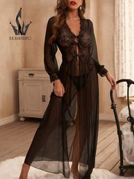 Sexy Pyjamas Sexy Black Long Sleeve Nightgown Nightwear Temptation See-Through Embroidery Patchwork Sleepwear Female Long Sleep Dress 230818